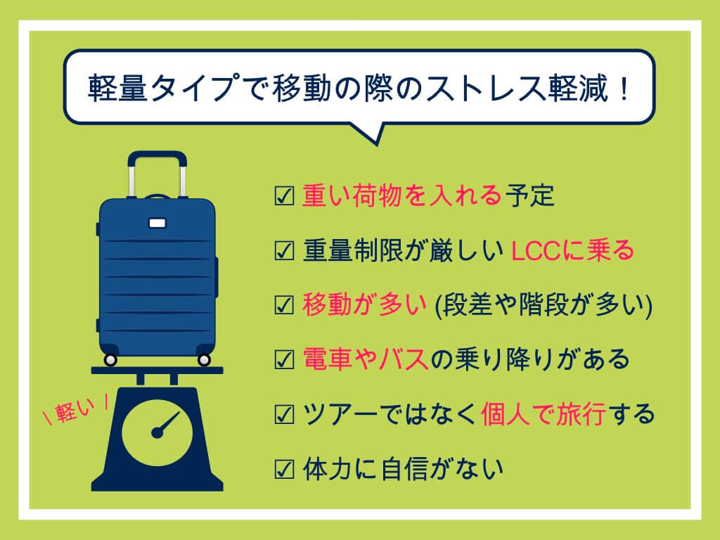 軽量タイプのスーツケースで移動のストレス軽減
